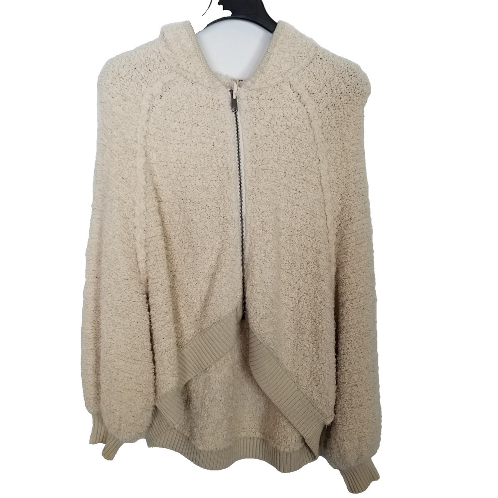 Free‎ People Women Hooded Zip Up Fuzzy Sweater Sz L Ivory Hi Low Boho Relaxed
